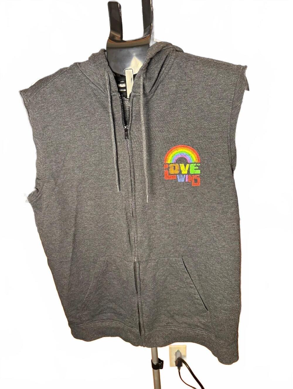 Sleeveless Gray Hoodie with Rainbow Unicorn and Love Wins sz XL